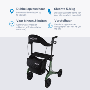 Homecare lichtgewicht Rollator van 5,8 kg – Carbon rollator tot 150 kg draaggewicht – Dubbel opvouwbaar en inclusief reistas - Groen Homecare lichtgewicht Rollator van 5,8 kg – Carbon rollator tot 150 kg draaggewicht – Dubbel opvouwbaar en inclusief reistas - Groen