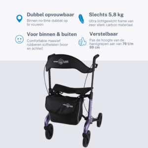 Homecare lichtgewicht Rollator van 5,8 kg – Carbon rollator tot 150 kg draaggewicht – Dubbel opvouwbaar en inclusief reistas - Paars Homecare lichtgewicht Rollator van 5,8 kg – Carbon rollator tot 150 kg draaggewicht – Dubbel opvouwbaar en inclusief reistas - Paars