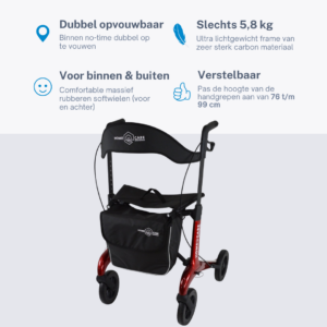 Homecare lichtgewicht Rollator van 5,8 kg – Carbon rollator tot 150 kg draaggewicht – Dubbel opvouwbaar en inclusief reistas - Rood Homecare lichtgewicht Rollator van 5,8 kg – Carbon rollator tot 150 kg draaggewicht – Dubbel opvouwbaar en inclusief reistas - Rood