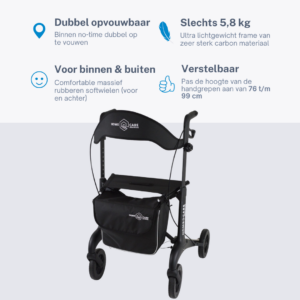 Homecare lichtgewicht Rollator van 5,8 kg – Carbon rollator tot 150 kg draaggewicht – Dubbel opvouwbaar en inclusief reistas - Zwart Homecare lichtgewicht Rollator van 5,8 kg – Carbon rollator tot 150 kg draaggewicht – Dubbel opvouwbaar en inclusief reistas - Zwart